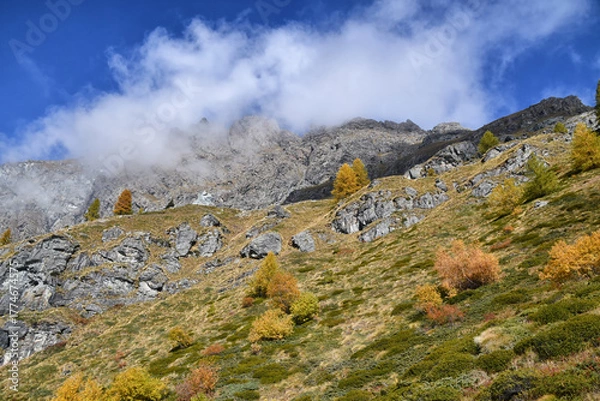 Fototapeta Paesaggio autunnale montano con foreste colorate e alte vette tra le nuvole