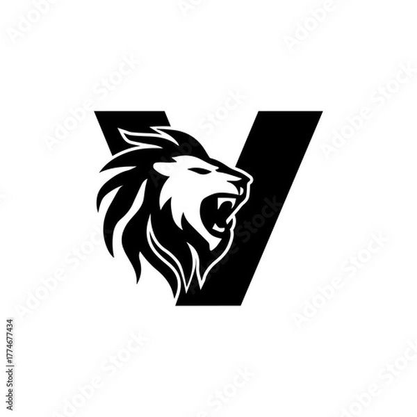 Obraz Letter V with Roaring Lion Logo, vector