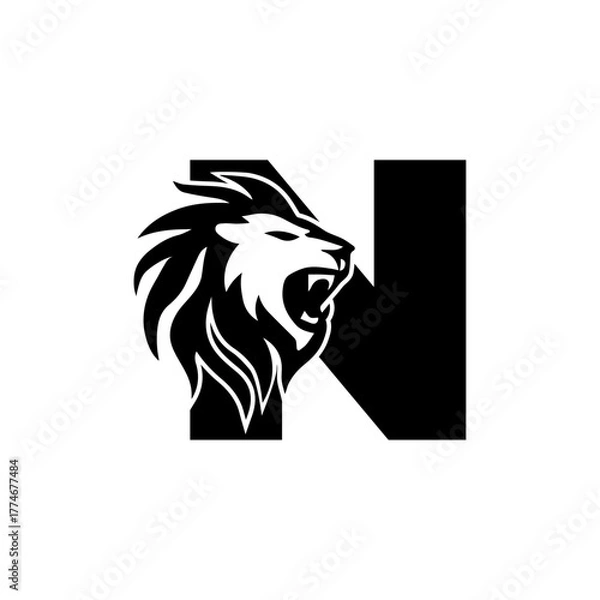 Obraz Letter N with Roaring Lion Logo, vector