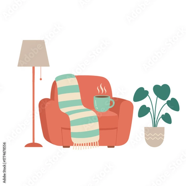 Fototapeta Cozy armchair setup for relaxation with warm blanket and drink
