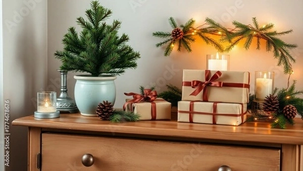 Fototapeta Warm holiday gifts and decorations create inviting glow