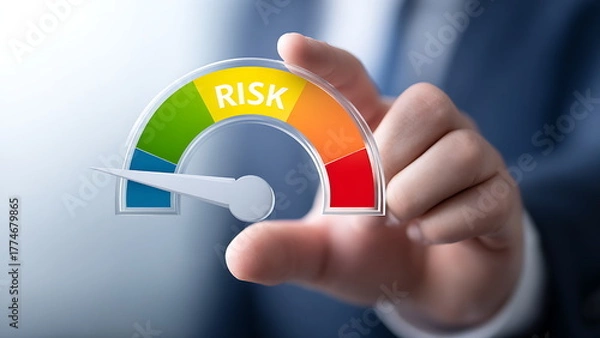 Obraz Risk level gauge from low to high, performance evaluation, analysis, strategic planning, and decision-making process for business continuity
