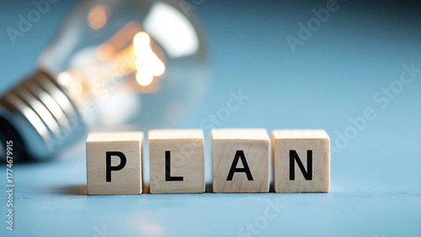 Obraz "PLAN" is spelled out in wooden blocks with a bright lightbulb. planning is key to new ideas and success.