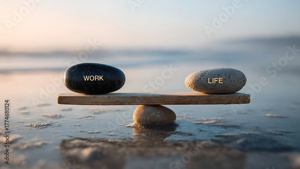 Obraz A balanced seesaw shows “WORK” and “LIFE”. work life balance concept