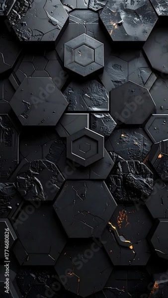Fototapeta An abstract dark gray honeycomb wall with hints of orange light peeking through cracks