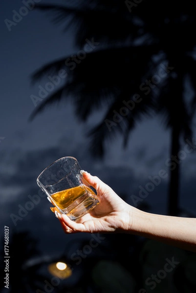 Obraz A hand holding a glass of golden drink against dark sky and palm tree silhouette, representing relaxation and evening tropical atmosphere.