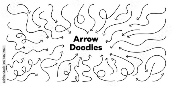 Fototapeta Black Pen Arrow Doodles – Playful Hand-Drawn Brush Arrows: Curved, Wavy & Straight. Ideal for Notes, School Projects & Visual Flow – Vector Art