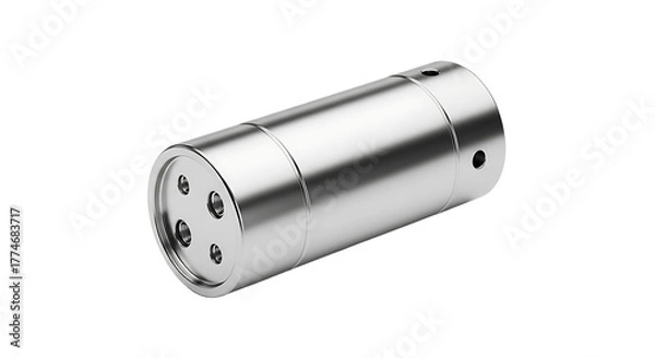 Fototapeta Silver Cylindrical Mechanical Component with Multiple Holes on White Background