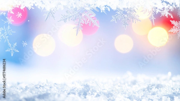 Fototapeta Christmas background with snowflakes and bokeh lights. Winter background