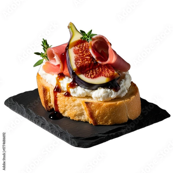Obraz Gourmet fig and prosciutto crostini with creamy cheese and balsamic glaze, elegantly presented for holiday entertaining, recipe blogs, restaurant menus, or catering advertisements,