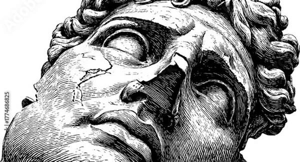 Fototapeta Classical statue head with broken nose, engraved style for art and design projects