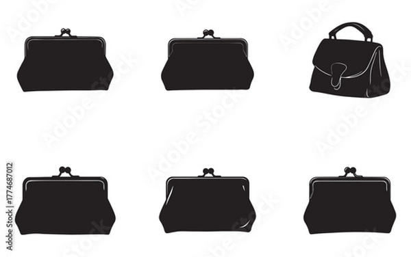 Obraz Vector Illustration of Coin Purses and Handbag in Black Silhouette Elegant Retro Style for Fashion and Finance Concepts