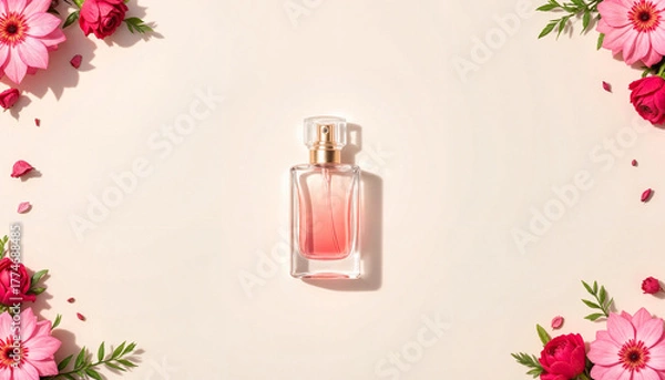 Obraz Elegant perfume bottle surrounded by colorful flowers on a soft background