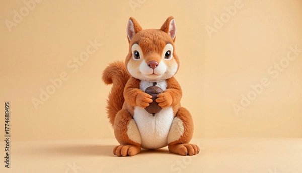 Obraz Cute plush squirrel holding an acorn against a soft beige background