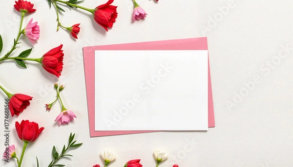 Fototapeta Blank card on a pink background surrounded by colorful flowers for creative design