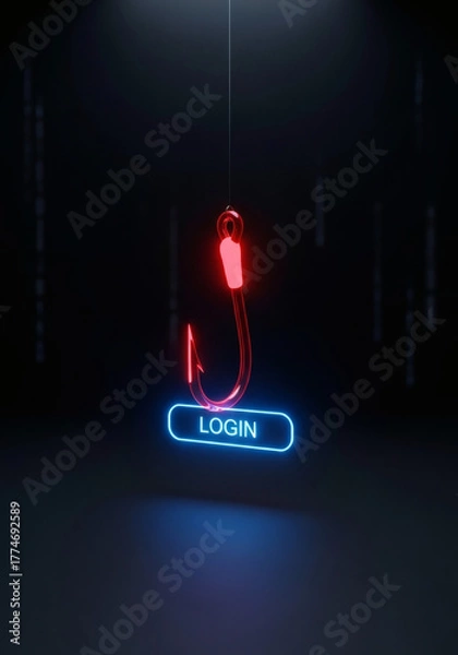 Fototapeta Cybersecurity phishing attack concept, with a glowing red fishing hook luring a blue login button on a dark background, symbolizing data theft, online fraud, and internet security threats.