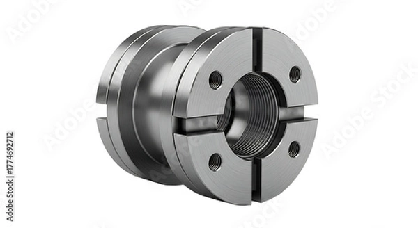 Fototapeta Metallic Mechanical Coupling Fitting in Industrial Style on White Background