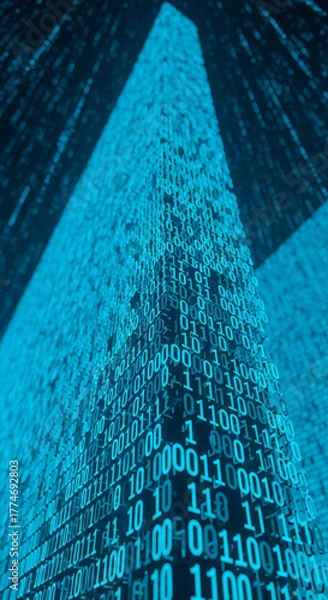 Fototapeta Futuristic low-angle view of a digital tower made of glowing blue binary code, symbolizing big data, data processing, and fintech on a dark background.