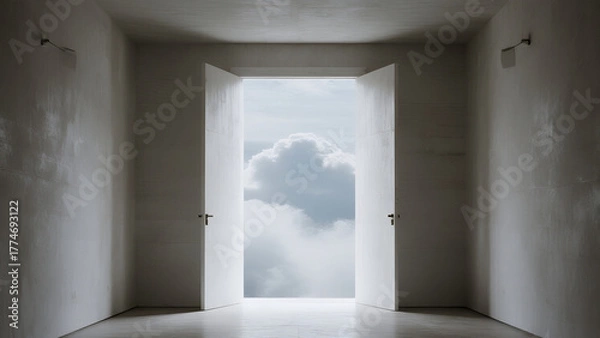 Obraz cinematic realistic interior photo of a minimal room with open doorway leading to clouds