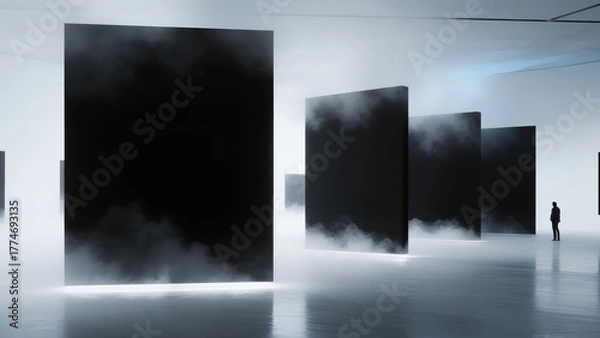 Obraz cinematic photo of a minimalist art gallery surrounded by mist and clouds