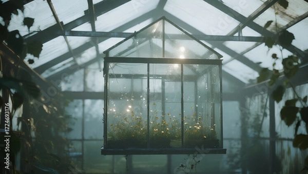 Obraz cinematic realistic photo of a glass greenhouse suspended above the clouds