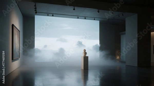 Obraz cinematic photo of a minimalist art gallery surrounded by mist and clouds