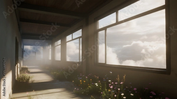 Obraz cinematic realistic image of a modern hallway where clouds drift beside large windows