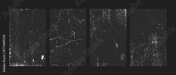 Fototapeta grunge overlay texture set with distressed cracked and scratched surface effects, black and white vintage noise film strip backgrounds for graphic design and photo overlay