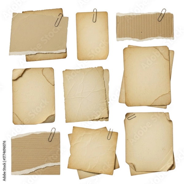 Obraz Collection of aged paper sheets with clips on a transparent surface on transparent background