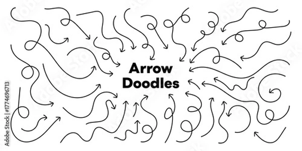 Fototapeta Black Pen Arrow Doodles – Playful Hand-Drawn Brush Arrows: Curved, Wavy & Straight. Ideal for Notes, School Projects & Visual Flow – Vector Art