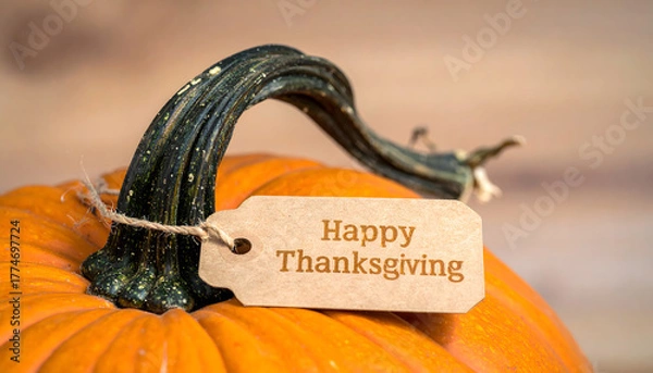 Obraz A bright orange pumpkin sits on a wooden surface with a tag that reads Happy Thanksgiving. A warm and festive image symbolizing gratitude, autumn harvest, and the spirit of Thanksgiving celebration.