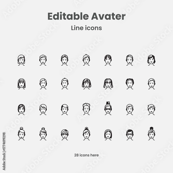 Fototapeta Line Avatar Icons: A collection of editable avatar line icons in a clean, minimalist style. Designed for personalization and versatile application in various digital interfaces.