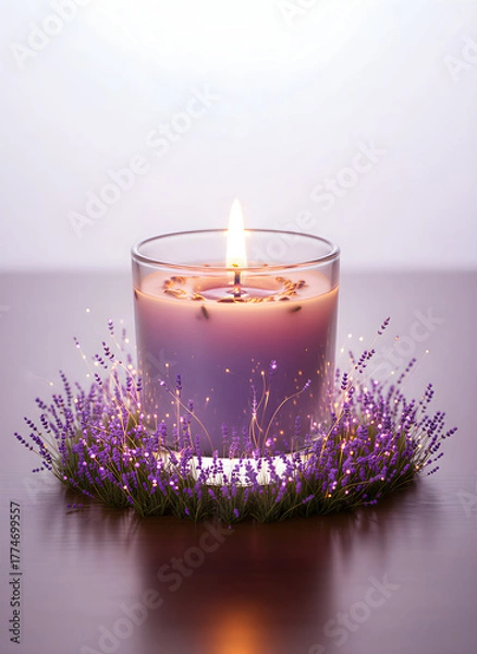 Obraz Lavender candle lit with floral crown and soft lights. Scented lilac candle with lavender ring decor. Relaxing lavender candle with gentle glowing details
