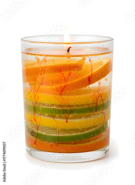 Fototapeta Scented candle with vibrant colorful splashes. Lit candle with orange, yellow, and green splash effects. Artistic candle design with flame and dynamic colors