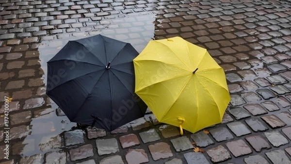 Fototapeta "Shared Shelter": A slightly elevated perspective looking down at two umbrellas—one a plain, sturdy black, and the other a bright, cheerful yellow—left slightly ajar and touching on a cobblestone.