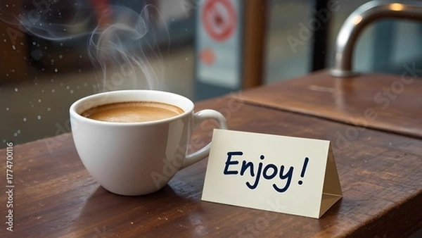 Fototapeta "Warmth from a Stranger": A still life of a freshly brewed cup of coffee or tea, accompanied by a small, handwritten note that reads "Enjoy!" or a similar simple, positive message. 