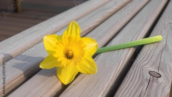 Fototapeta "Unexpected Bloom": A close-up shot of a single, vibrant flower (e.g., a cheerful daffodil or a bright tulip) unexpectedly left on a clean, neutral surface, such as a park bench or a library table. 