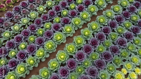 Fototapeta "Cabbage Patch Symphony": An aerial or high-angle shot of a meticulously organized garden bed, showcasing several different varieties of cabbage (green, red, savoy) growing in neat rows. 