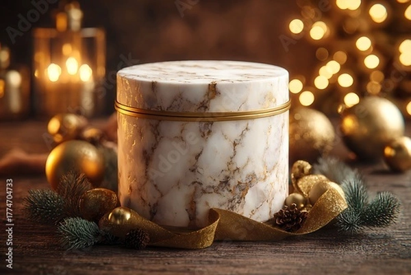 Obraz Elegant marble gift box with golden accents surrounded by festive christmas decorations