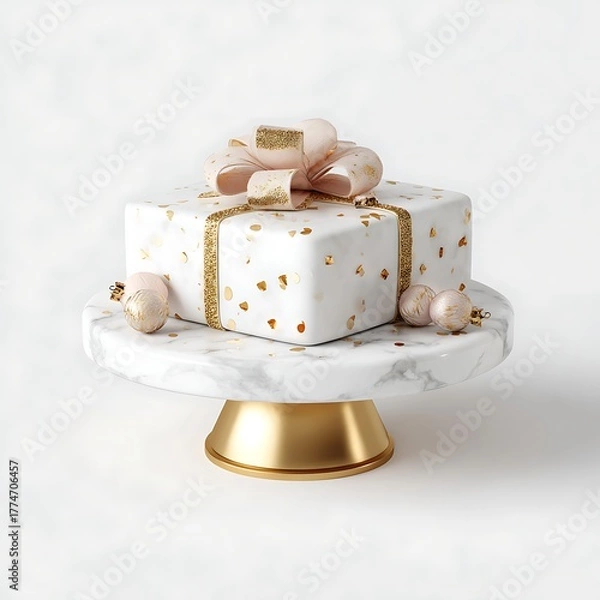 Obraz Elegant white gift cake with golden ribbon isolated on white background