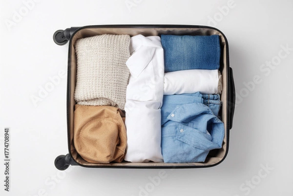 Fototapeta a suitcase full of clothes open on a white surface