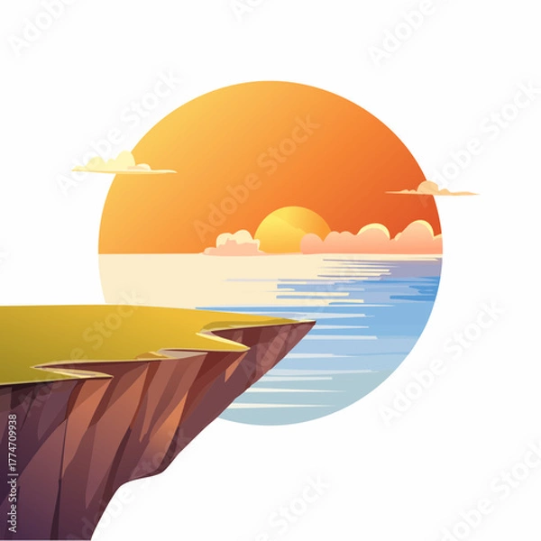 Obraz Scenic sunset landscape illustration of cliff and ocean with the sun setting