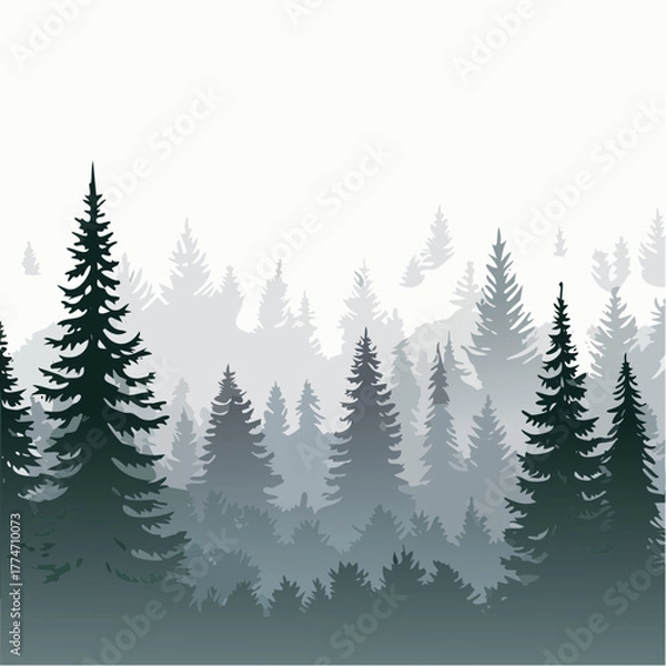 Fototapeta Silhouette of evergreen trees against a white sky illustration