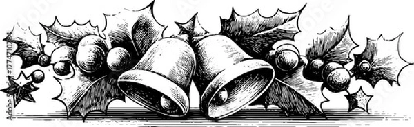 Obraz Festive christmas border with bells stars and holly branch for holiday designs