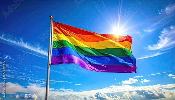 Fototapeta Rainbow Flag Waving On A Flagpole Under A Bright Sunny Blue Sky With Wispy Clouds And Sun Flare
