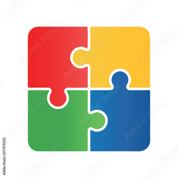 Fototapeta Abstract concept graphic featuring four interlocking puzzle pieces in bright, primary Colors. Represents problem solving, strategy, partnership, connection, and successful completion of a task.