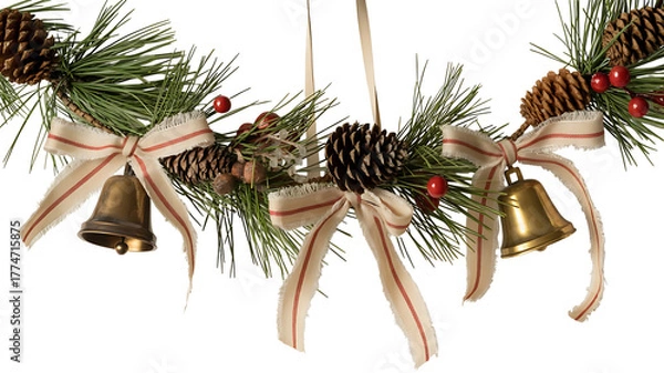 Fototapeta Festive christmas garland with pine cones, bells, and ribbons isolated on transparent background