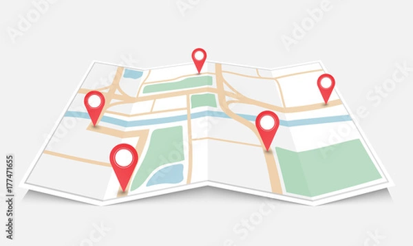 Obraz Mapa miasta składany papier z czerwonym wskaźnikiem pin, ilustracji wektorowych