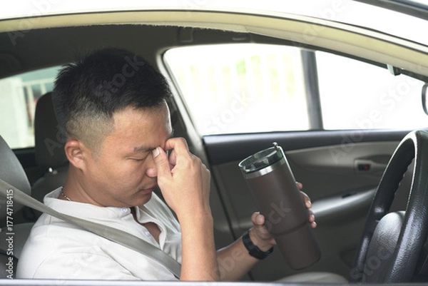 Fototapeta An asian male driver getting exhausted and feeling headache, wrist pain, neck ache, shoulder pain and backache, sitting inside his car, after driving car in traffic jam, causing stressed and anxiety.	