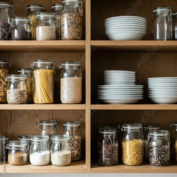 Obraz Organized kitchen pantry with food ingredients in glass jars on wooden shelves.